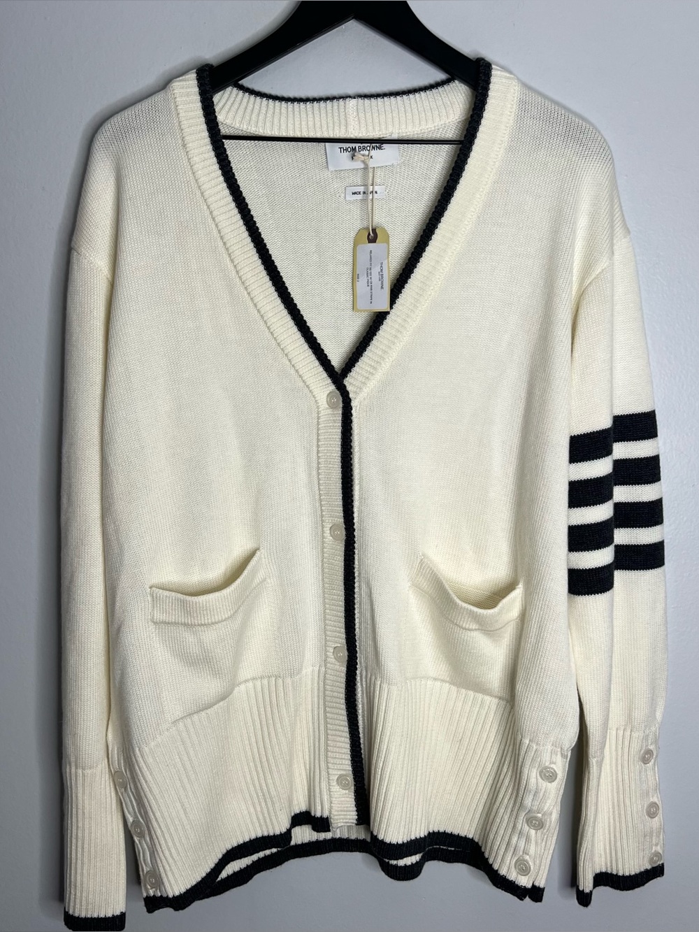Thom Browne Cardigan Sweater Size 2 Grey Cream Made In Japan NWT